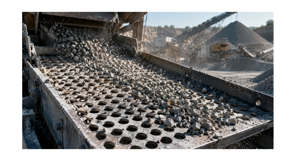 Crushed stone on vibrating quarry screen Crushed stone on vibrating quarry screen
